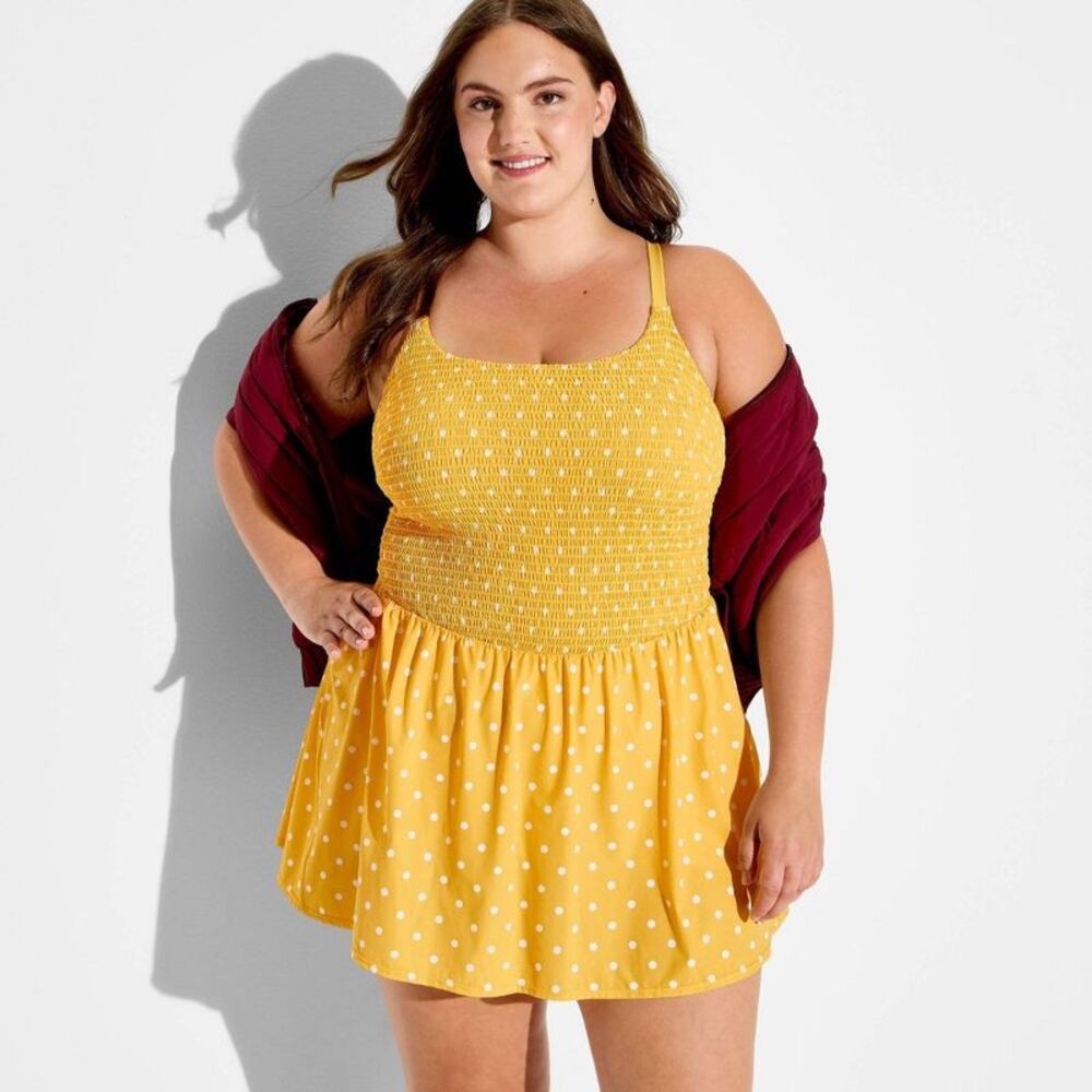 Women's Polka Dot Smocked Dress - JoyLab Yellow Gold Polka Dot 1X